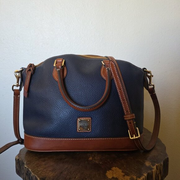 Dooney & Bourke Pebble Grain Darcy Domed Satchel Crossbody Navy Tan Leather - Picture 8 of 16